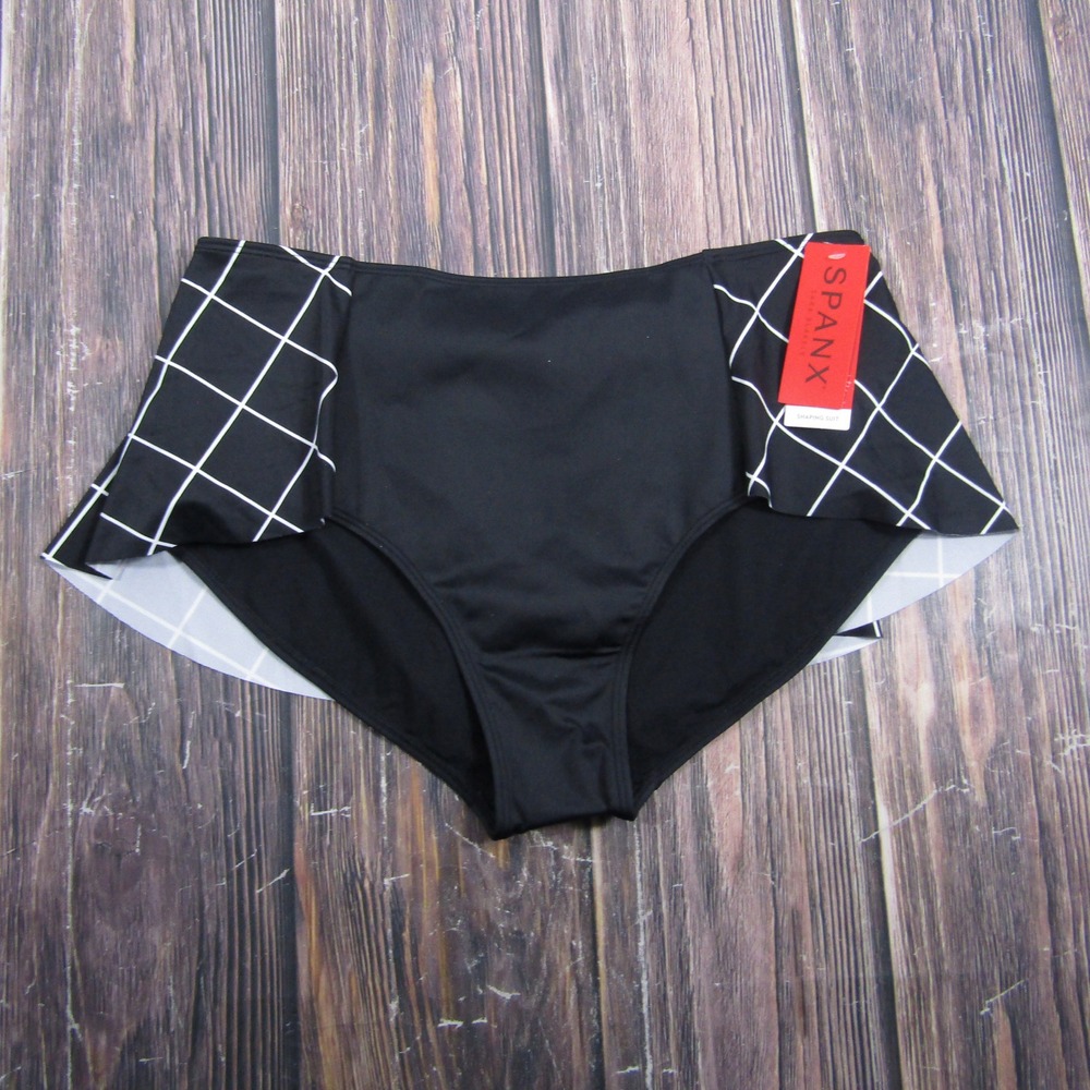 Spanx Flirty Skirted Bottom Women 16 Black Geo Grid High Waist Swimsuit 2653